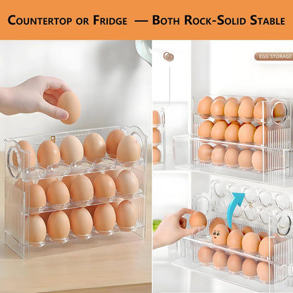 Egg Holder for Fridge, Holds 30 Eggs, 3-Tier Stackable Egg Organizer for Refrigerator with Date Tracker & One-Hand Access, Bpa-Free PET Egg Storage Container for Countertop or Fridge, Clear