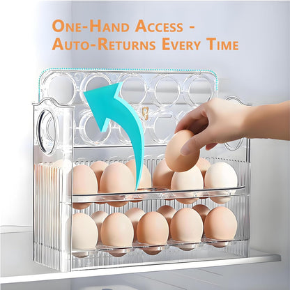 Egg Holder for Fridge, Holds 30 Eggs, 3-Tier Stackable Egg Organizer for Refrigerator with Date Tracker & One-Hand Access, Bpa-Free PET Egg Storage Container for Countertop or Fridge, Clear