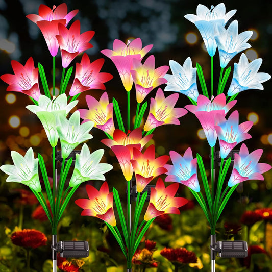 Solar Outdoor Lights Garden Decor, 6 Pack Upgraded Solar LED Flower Lights with 24 Bigger Lily Flower Lamp, 7 Color Changing Waterproof Solar Powered Flowers for Garden Yard Decor, Gift